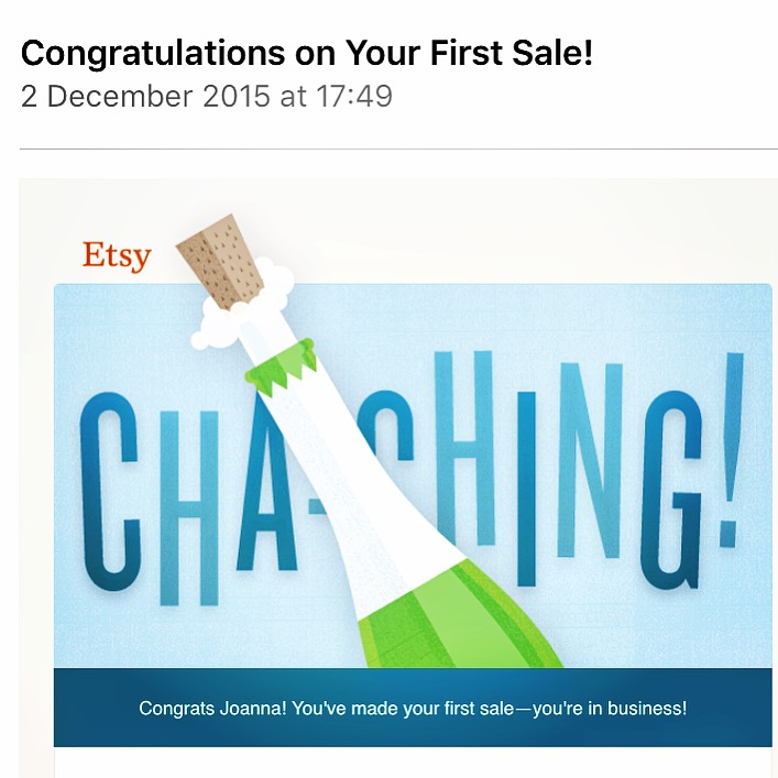 screenshot of email from Etsy about first sale